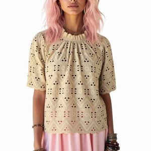 New ECRU Eyelet Puff-Sleeve Blouse Chic Boho Top Small